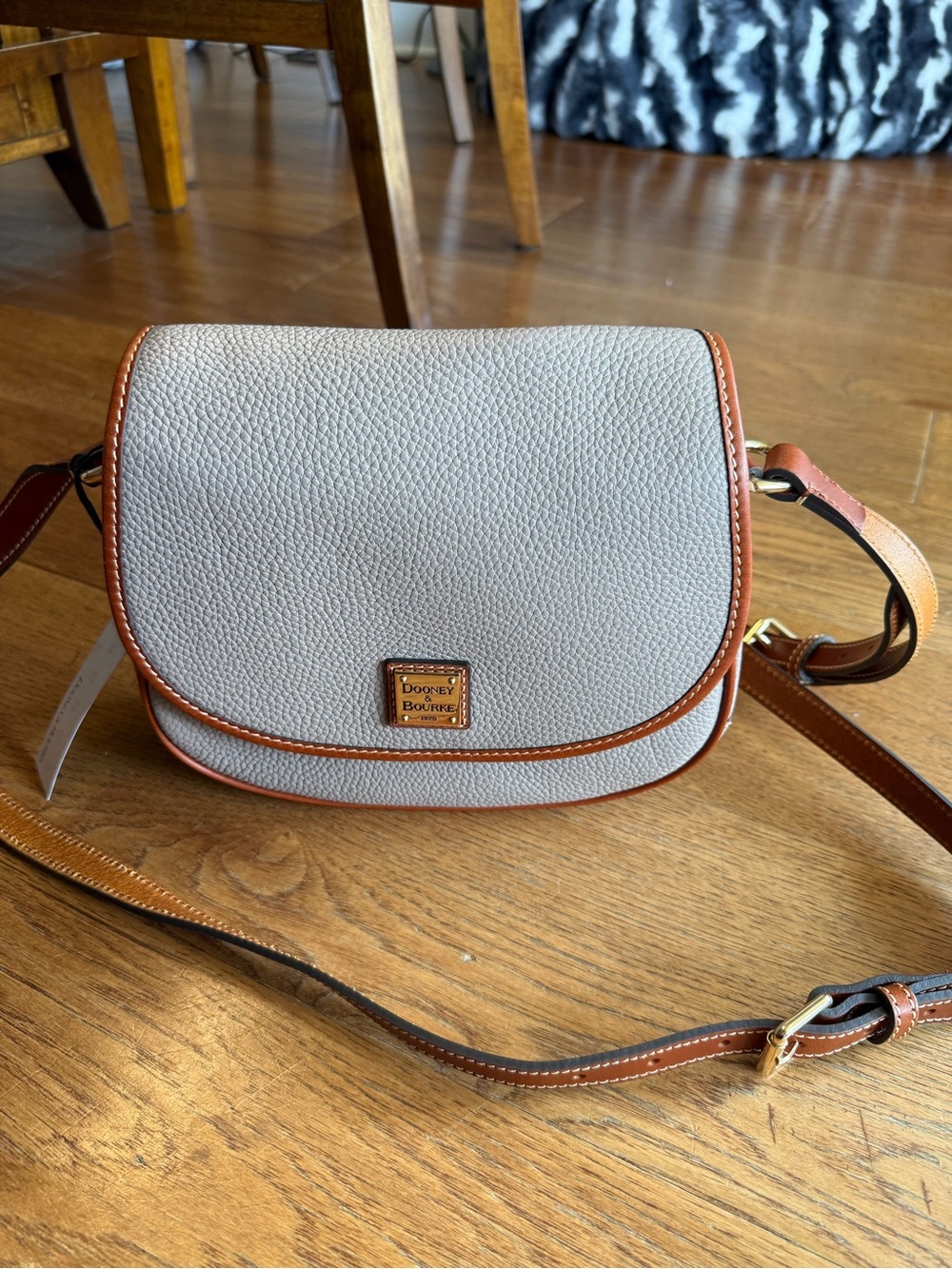 Dooney & Bourke Light Gray Pebbled Leather Crossbody with Brown Trim